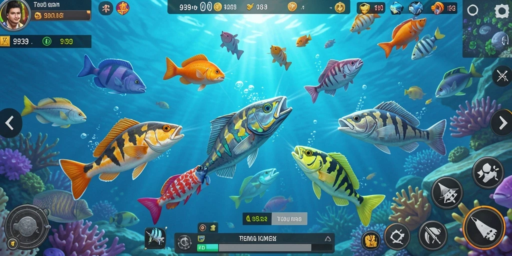 Tampilan gameplay seru dalam 9939 saat menangkap ikan berwarna-warni.