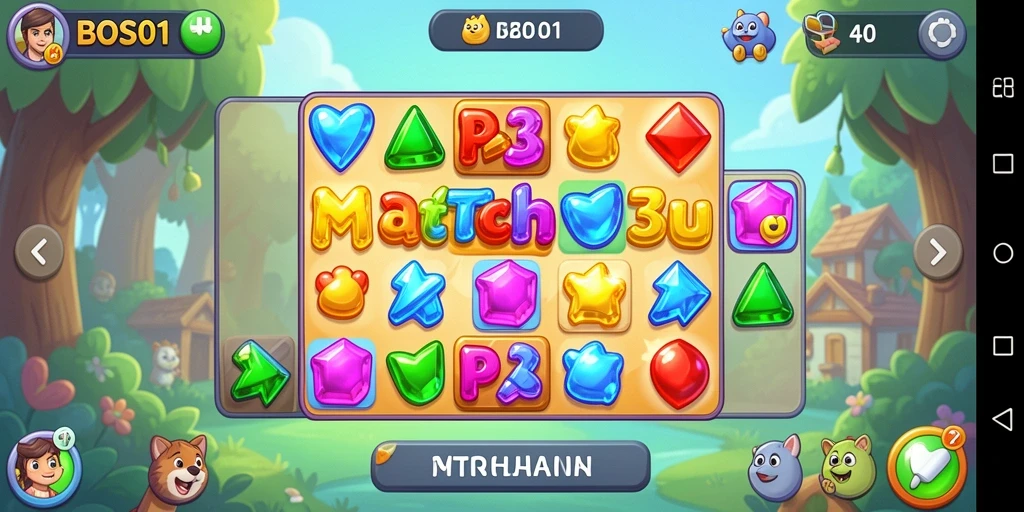 Screenshot utama BOS01 menampilkan gameplay menyenangkan pada level Match-3.