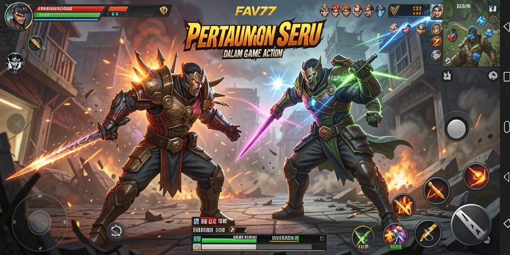Tampilan mendebarkan gameplay dalam FAV77 dengan pertarungan aksi yang intens.