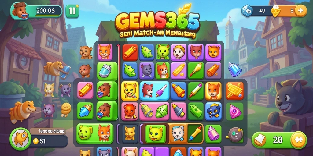 Screenshot GEMS365 menampilkan gameplay Match-3 yang menarik dan penuh warna.