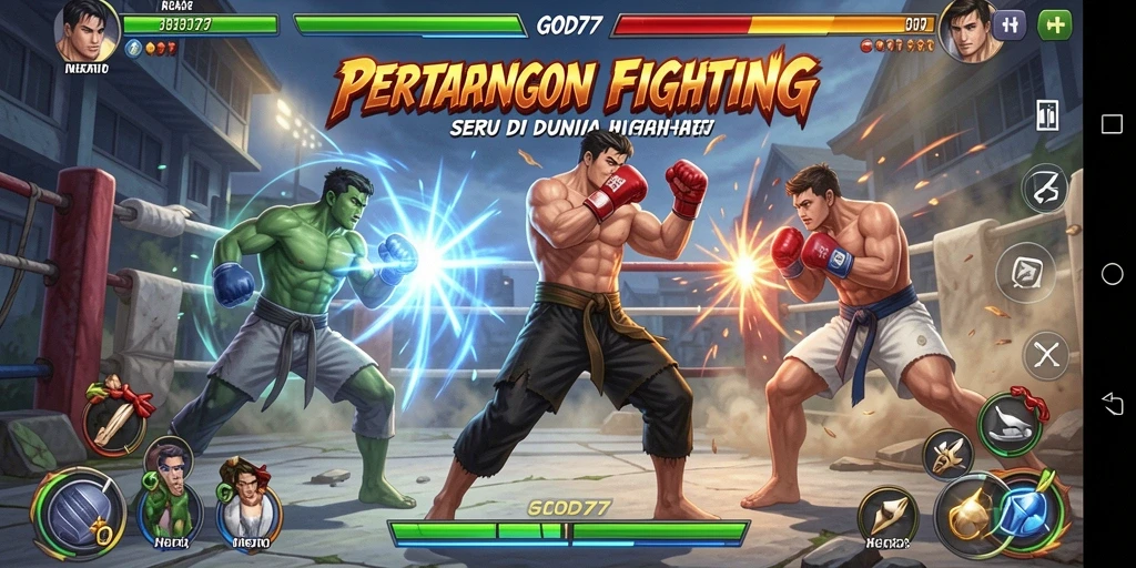 Gameplay GOD77 menampilkan karakter bertarung dengan aksi seru.