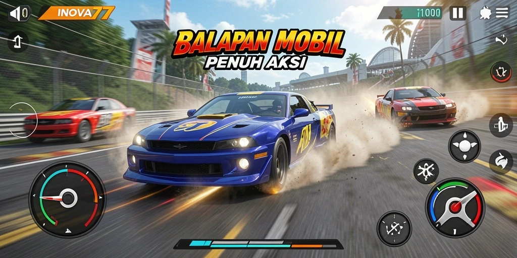 Screenshot gameplay INOVA77 menunjukkan adrenalin balapan mobil yang mendebarkan.