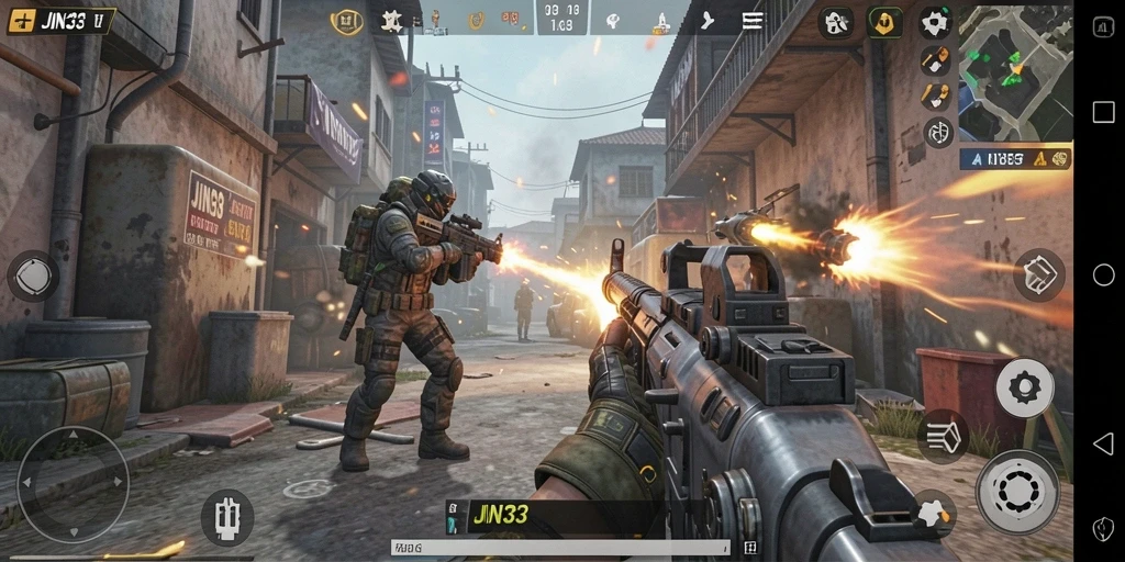 Screenshot JIN33 menampilkan pertempuran intens dalam permainan FPS.