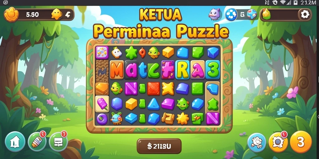 Screenshot menampilkan gameplay seru dalam KETUA, game Match-3 penuh warna.